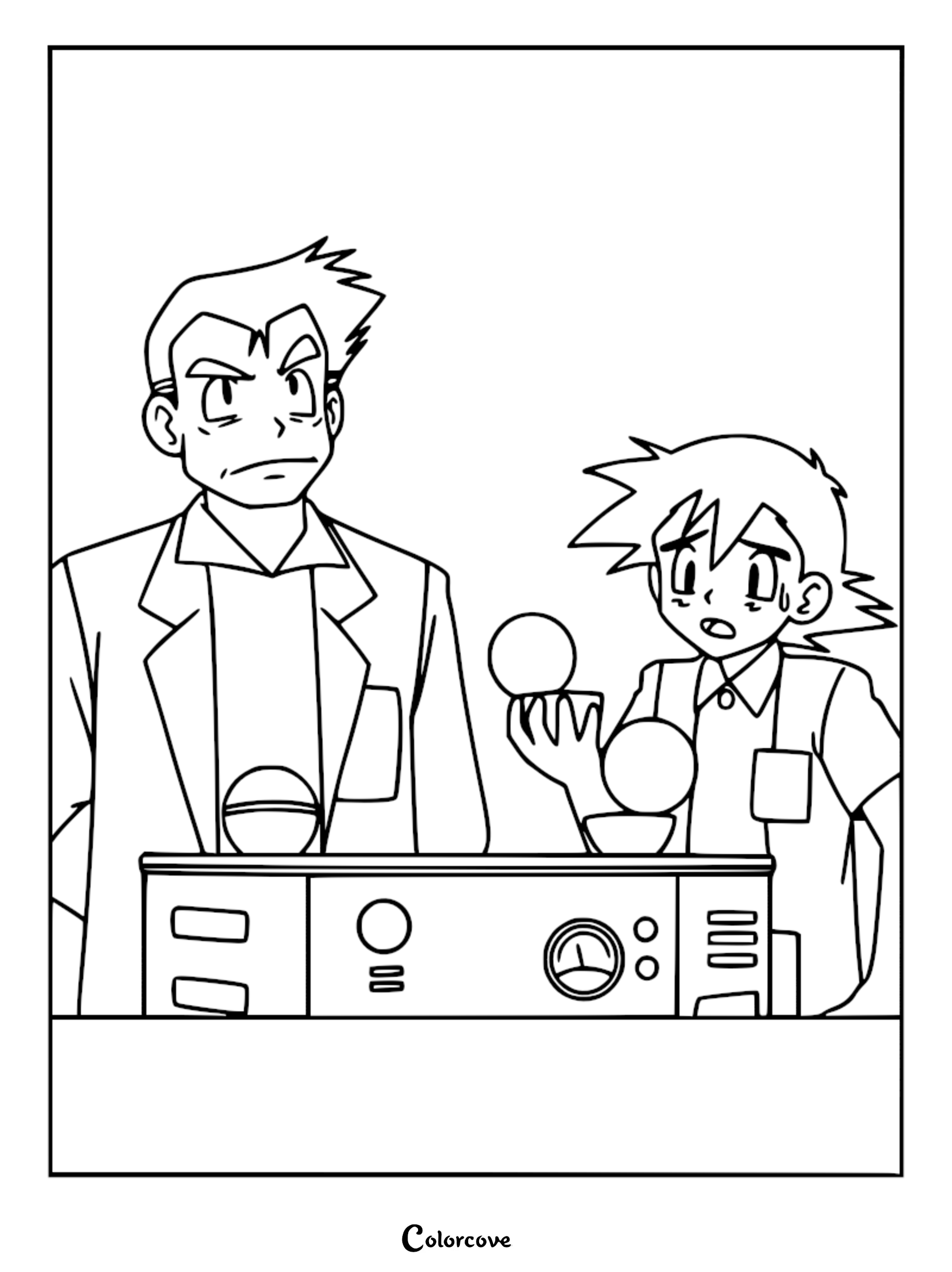 Professor Oak standing next to a nervous Ash Ketchum holding Poké Balls in a laboratory coloring page.