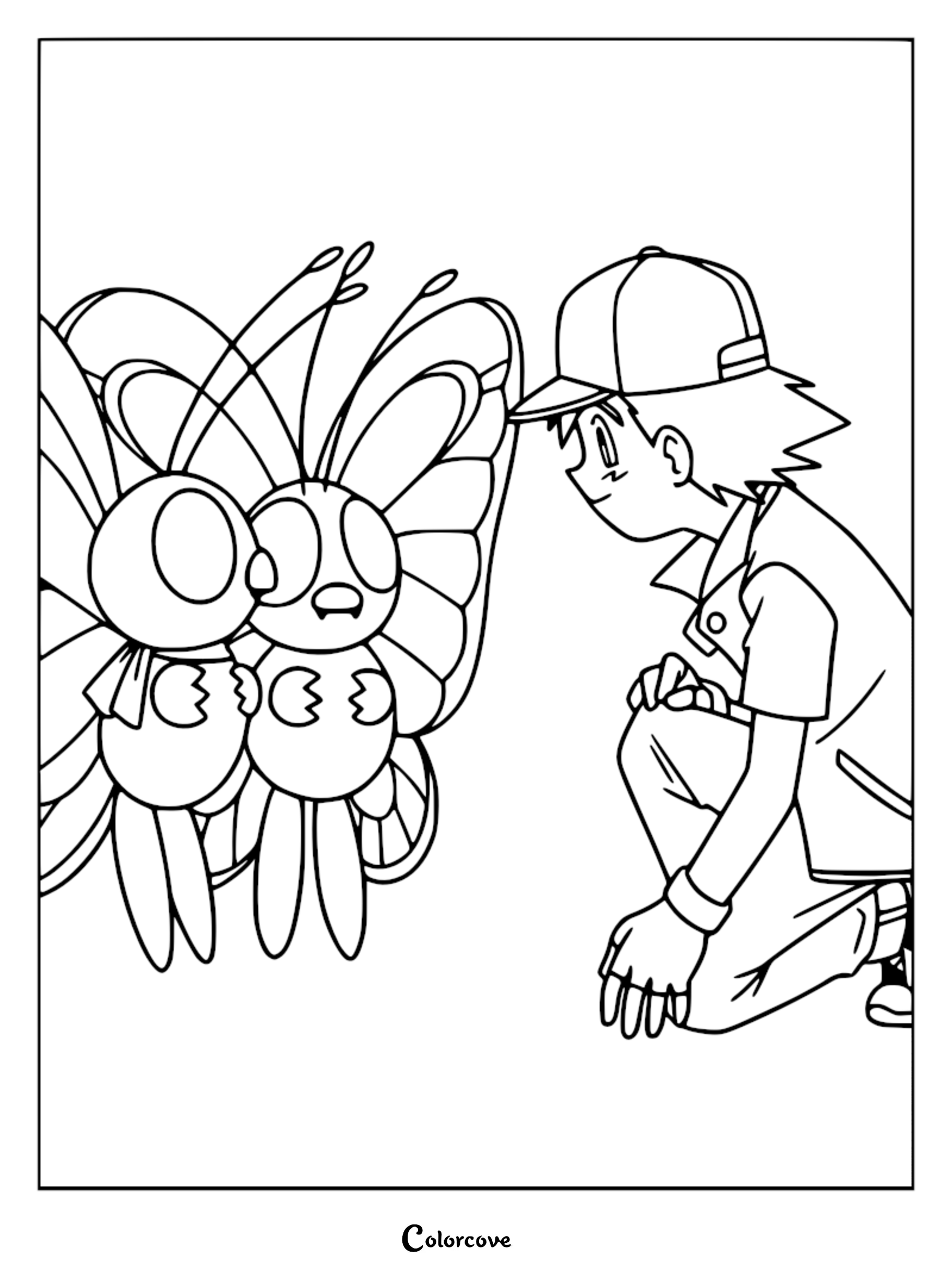 Ash Ketchum saying goodbye to his Butterfree so it can find a mate on this printable Pokémon Indigo League coloring page.