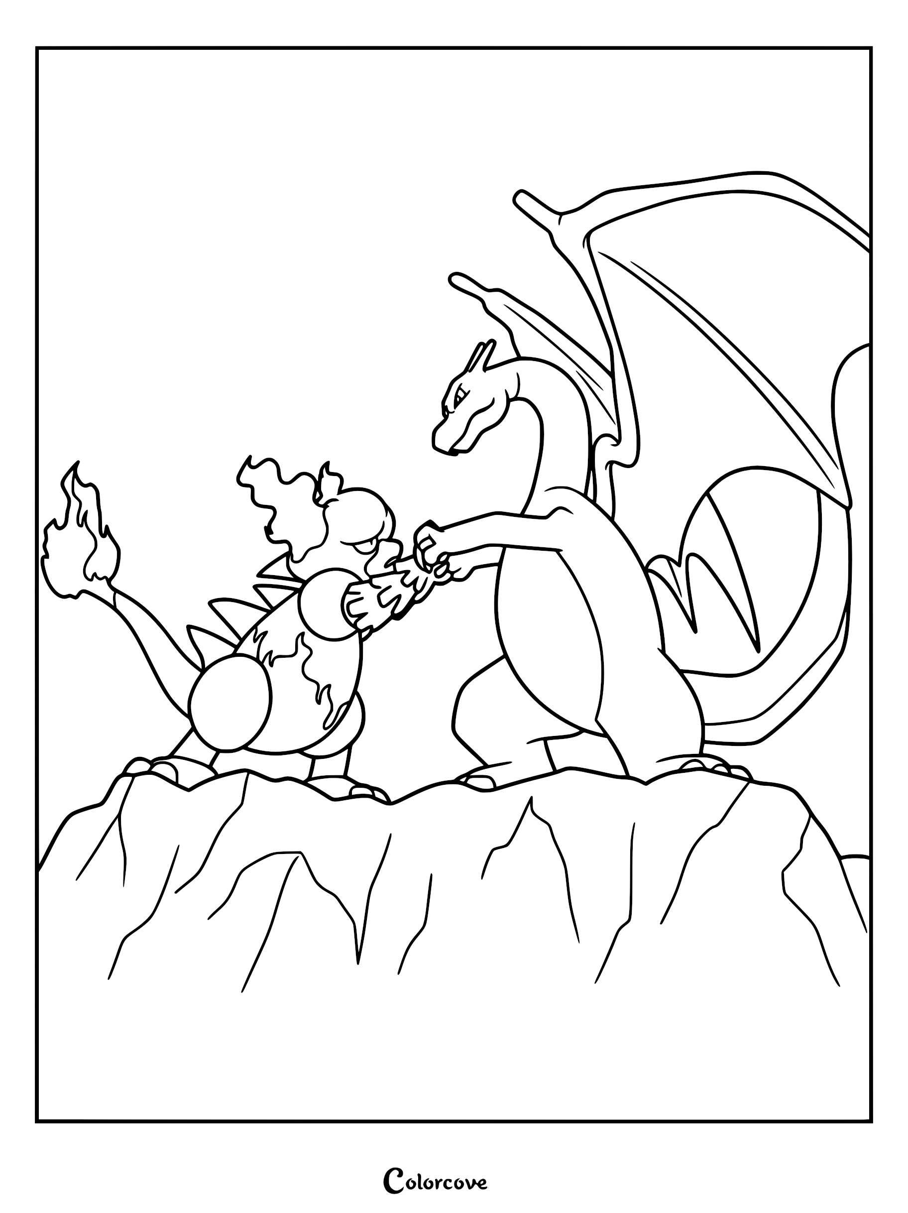 Charizard and Magmar locked in a fierce physical battle on a rocky cliffside in this detailed Pokémon Indigo League coloring page.