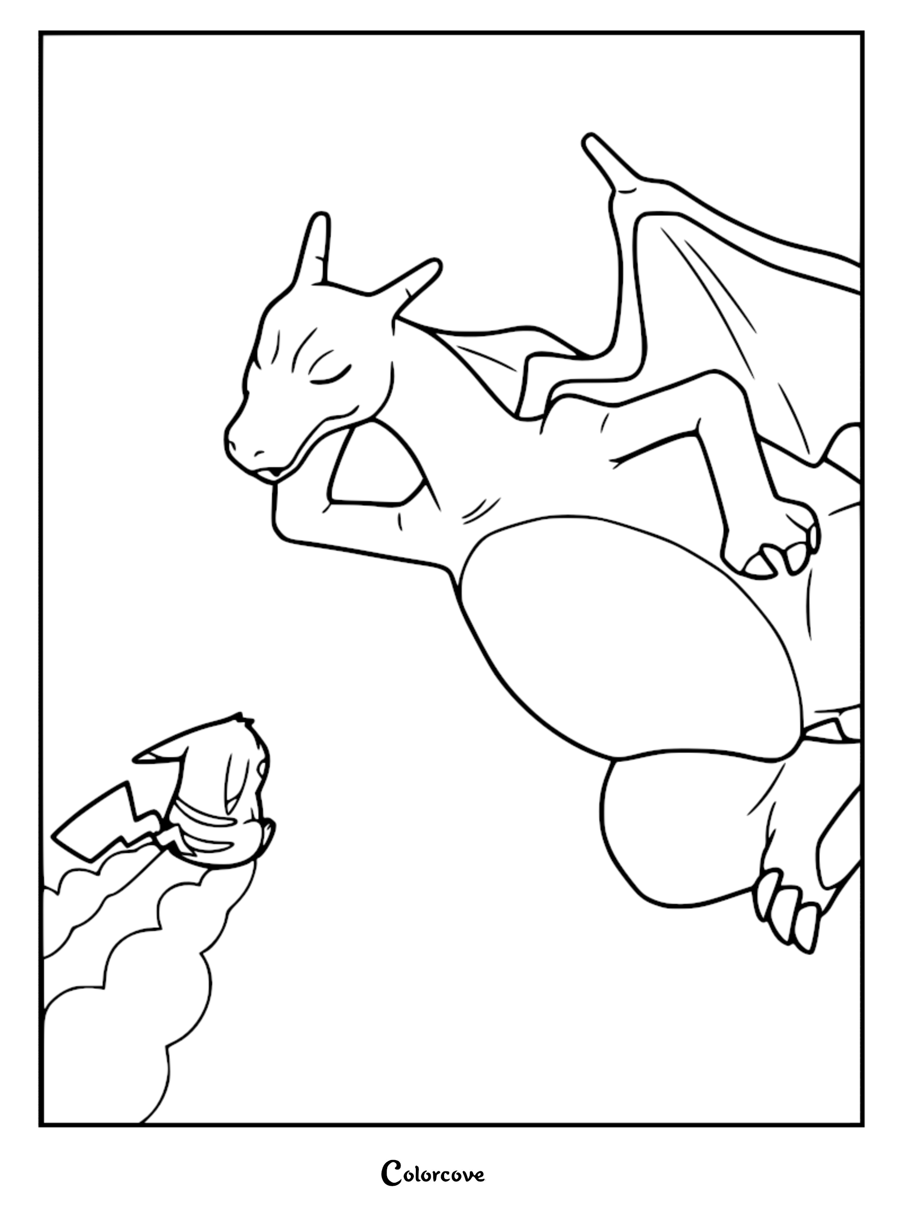 Ash Ketchum's Charizard disobediently sleeping in this printable coloring page.