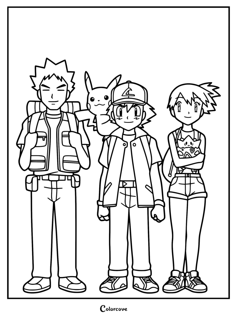 Line art coloring page featuring Ash Ketchum with Pikachu, Brock, and Misty standing together in their Indigo League outfits.