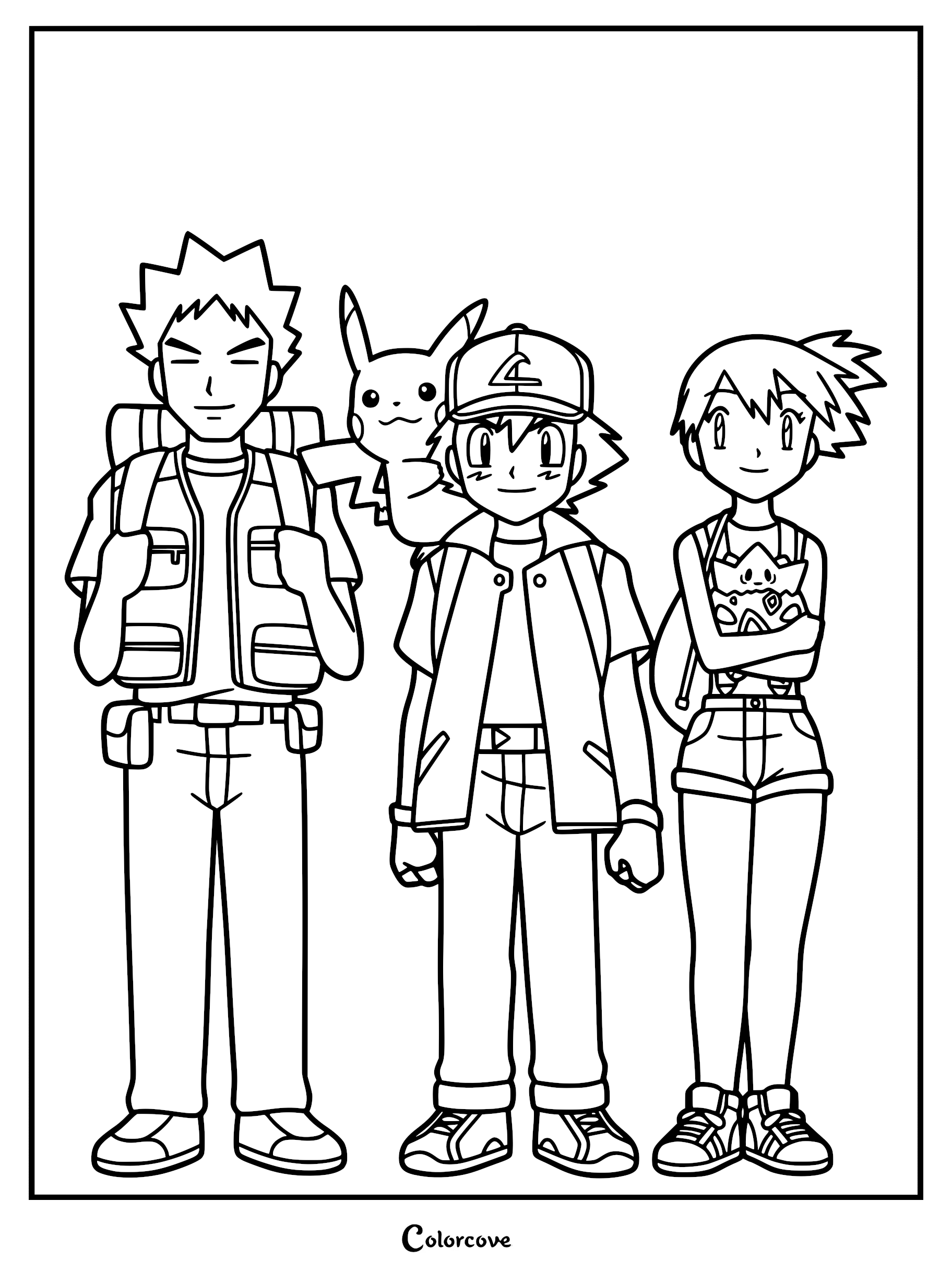 Line art coloring page featuring Ash Ketchum with Pikachu, Brock, and Misty standing together in their Indigo League outfits.