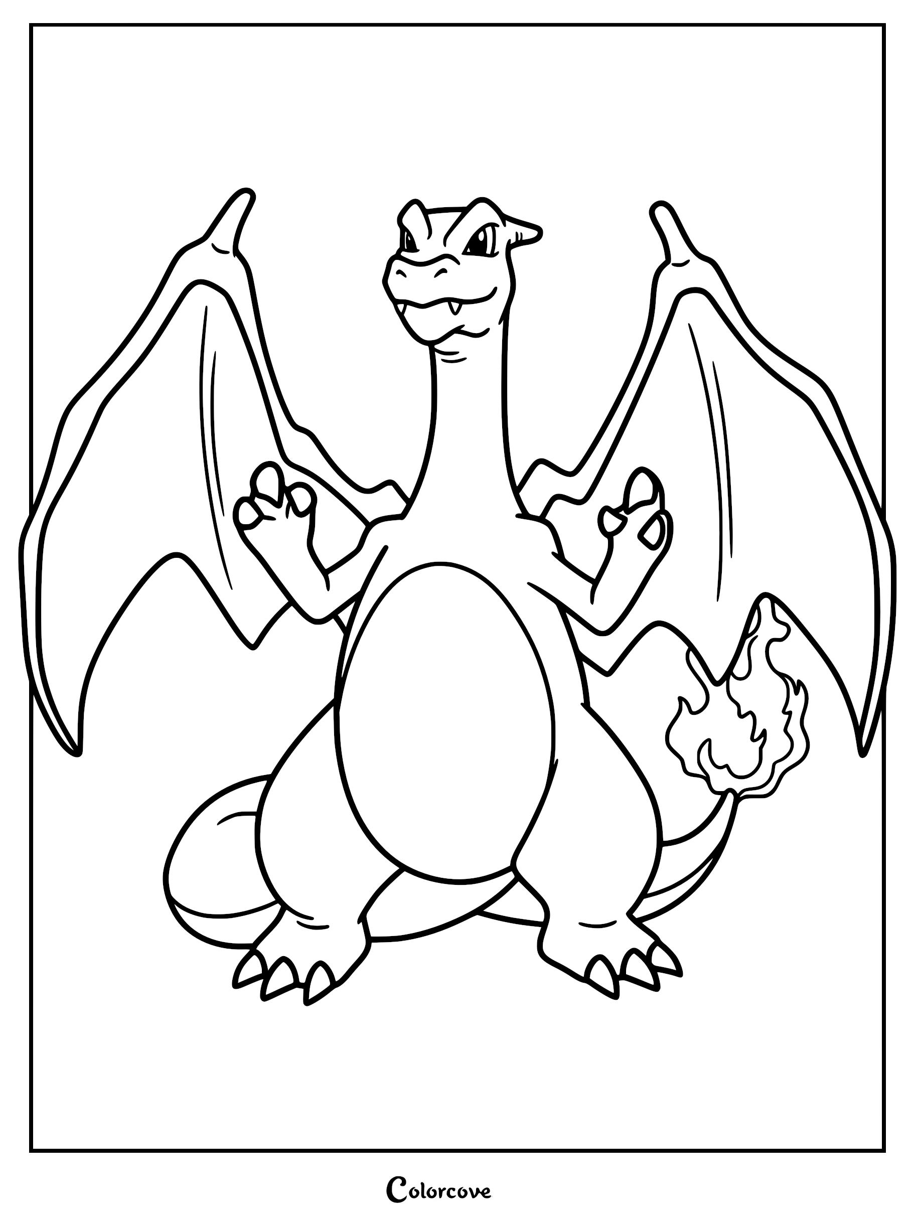 Charizard standing with wings spread wide in this printable coloring page featuring a flaming tail.