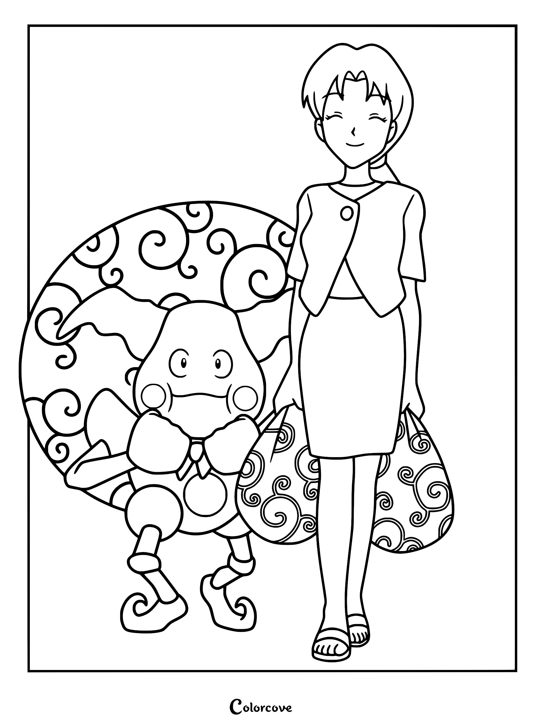 Delia Ketchum standing next to Mr. Mime carrying shopping bags in this Pokémon Indigo League coloring page.