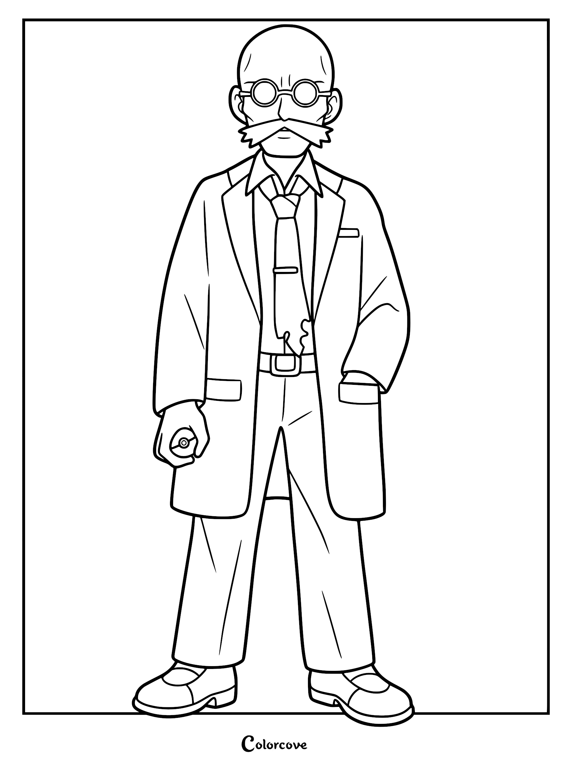 A printable coloring page featuring Blaine from Pokémon Indigo League wearing his lab coat, tie, and round glasses while holding a Poké Ball.