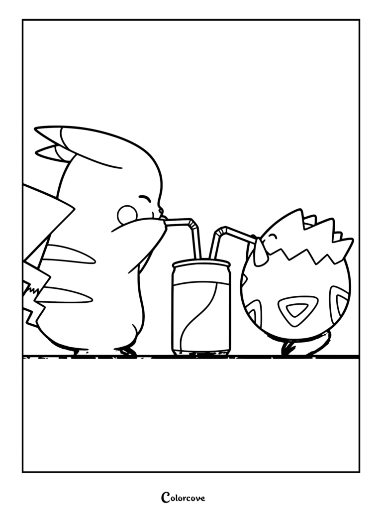 Pikachu and Togepi sharing a single soda can with two straws in this printable coloring page.