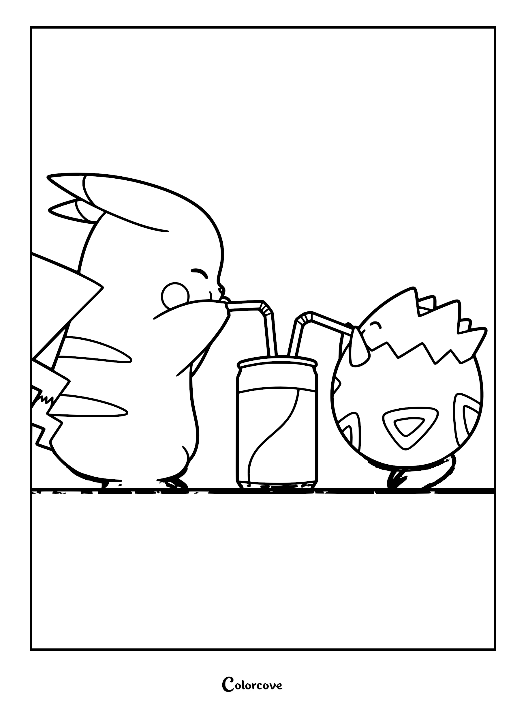 Pikachu and Togepi sharing a single soda can with two straws in this printable coloring page.