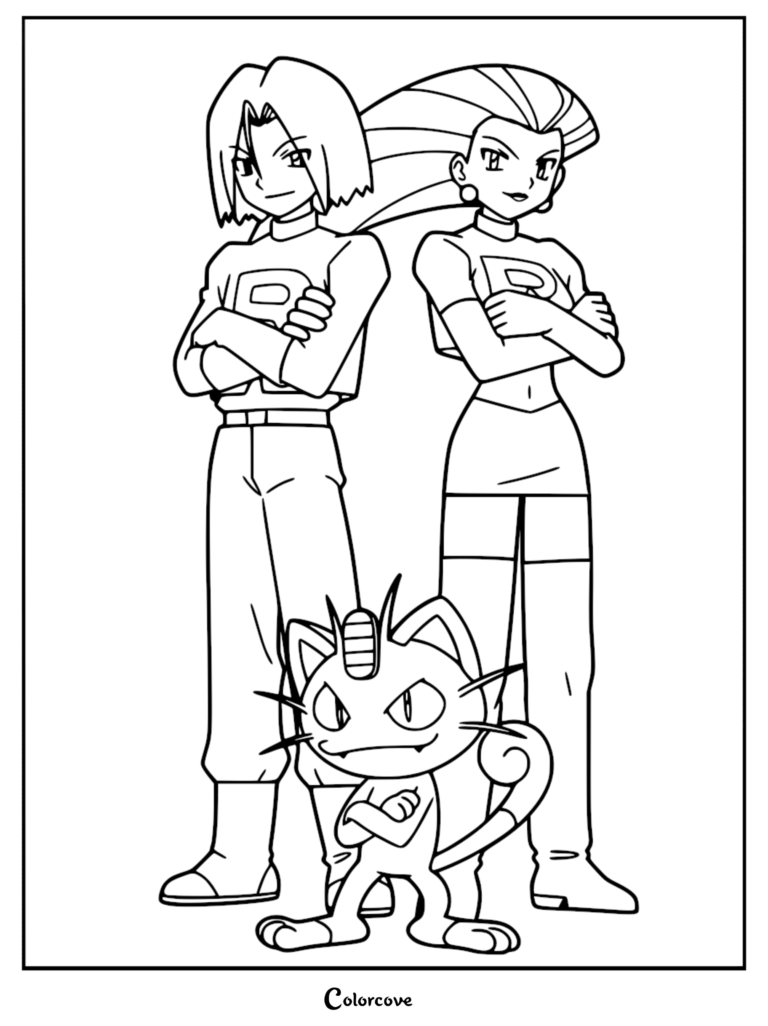 Jessie, James, and Meowth standing together in their Team Rocket uniforms, a printable coloring page featuring the iconic trio.