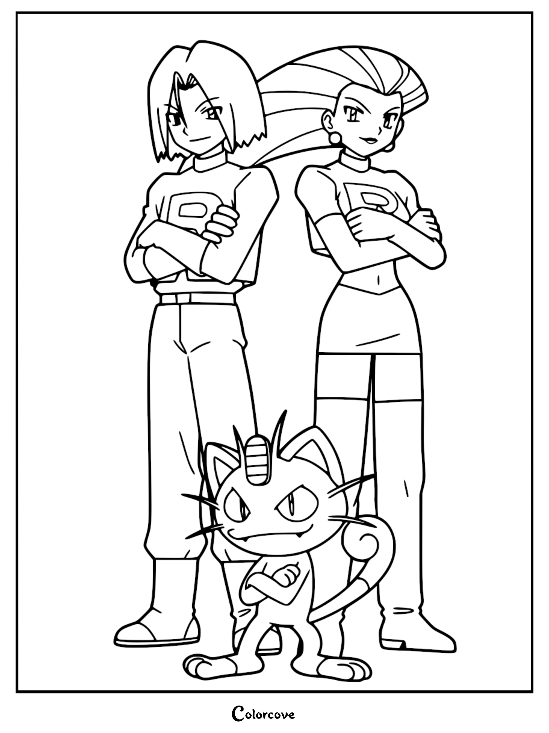 Jessie, James, and Meowth standing together in their Team Rocket uniforms, a printable coloring page featuring the iconic trio.