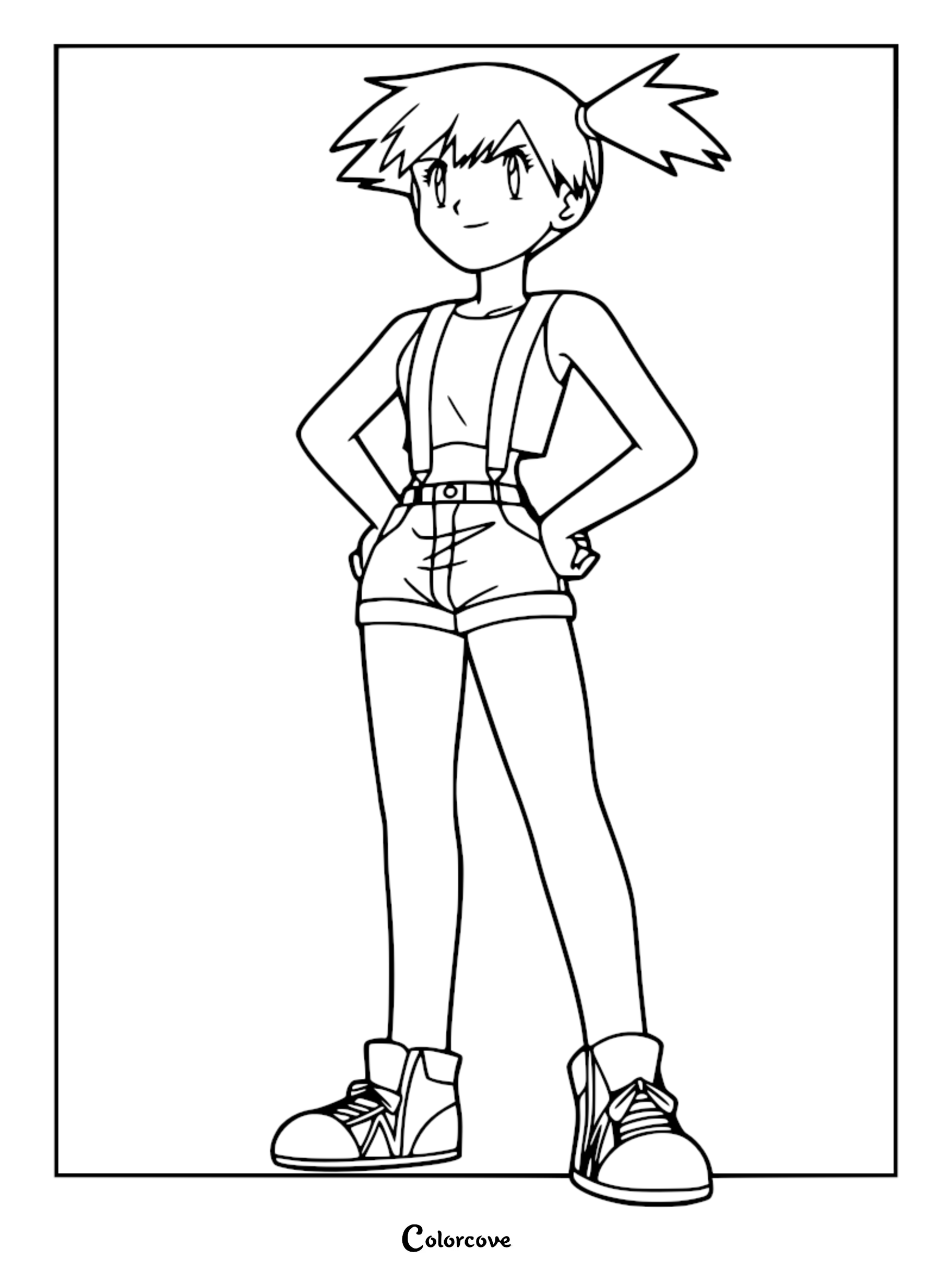 Misty standing with hands on hips wearing her signature tank top, shorts with suspenders, and sneakers in this printable coloring page.
