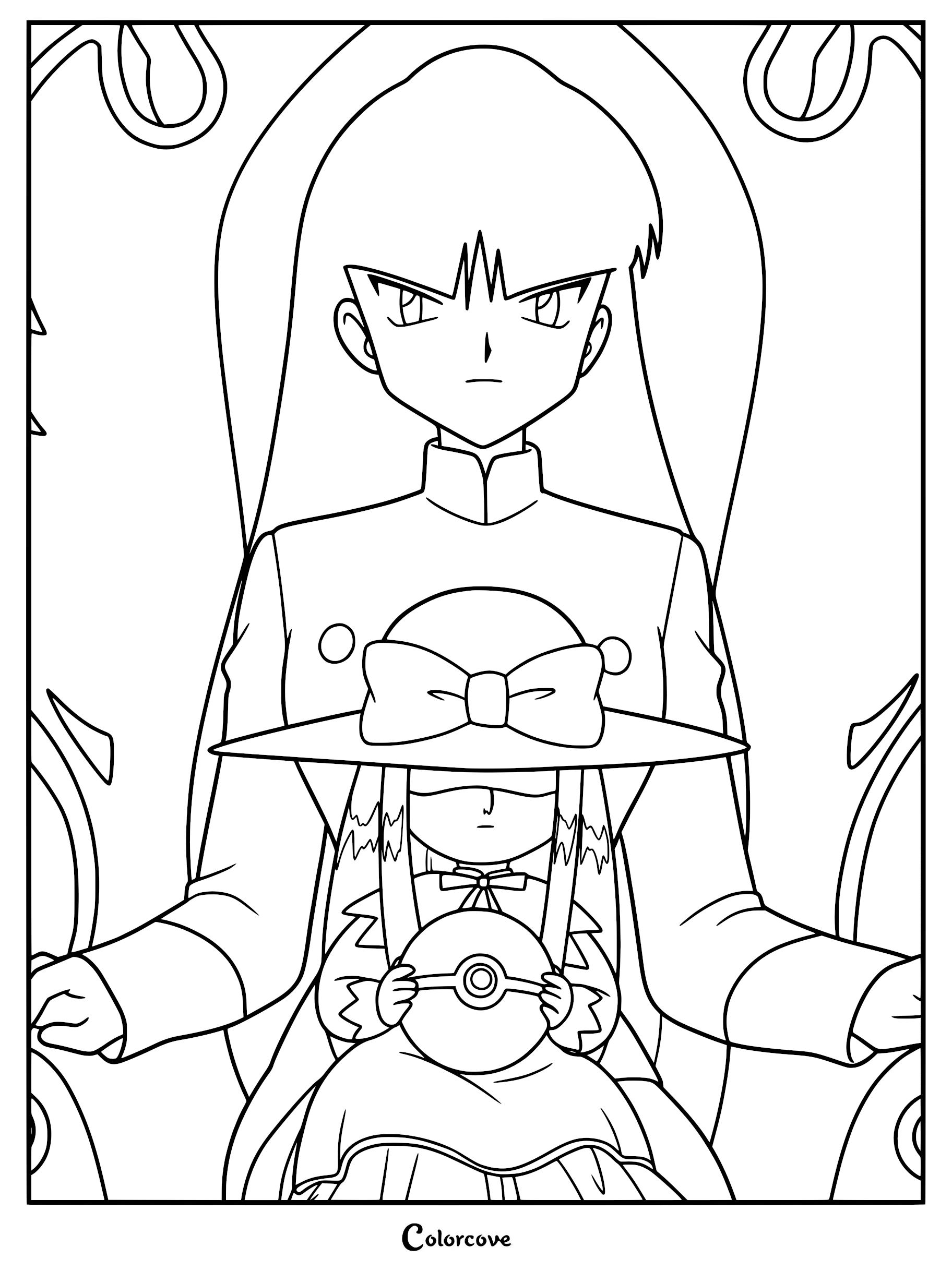 Line art coloring page featuring Sabrina sitting on a throne with her doll holding a Poké Ball.