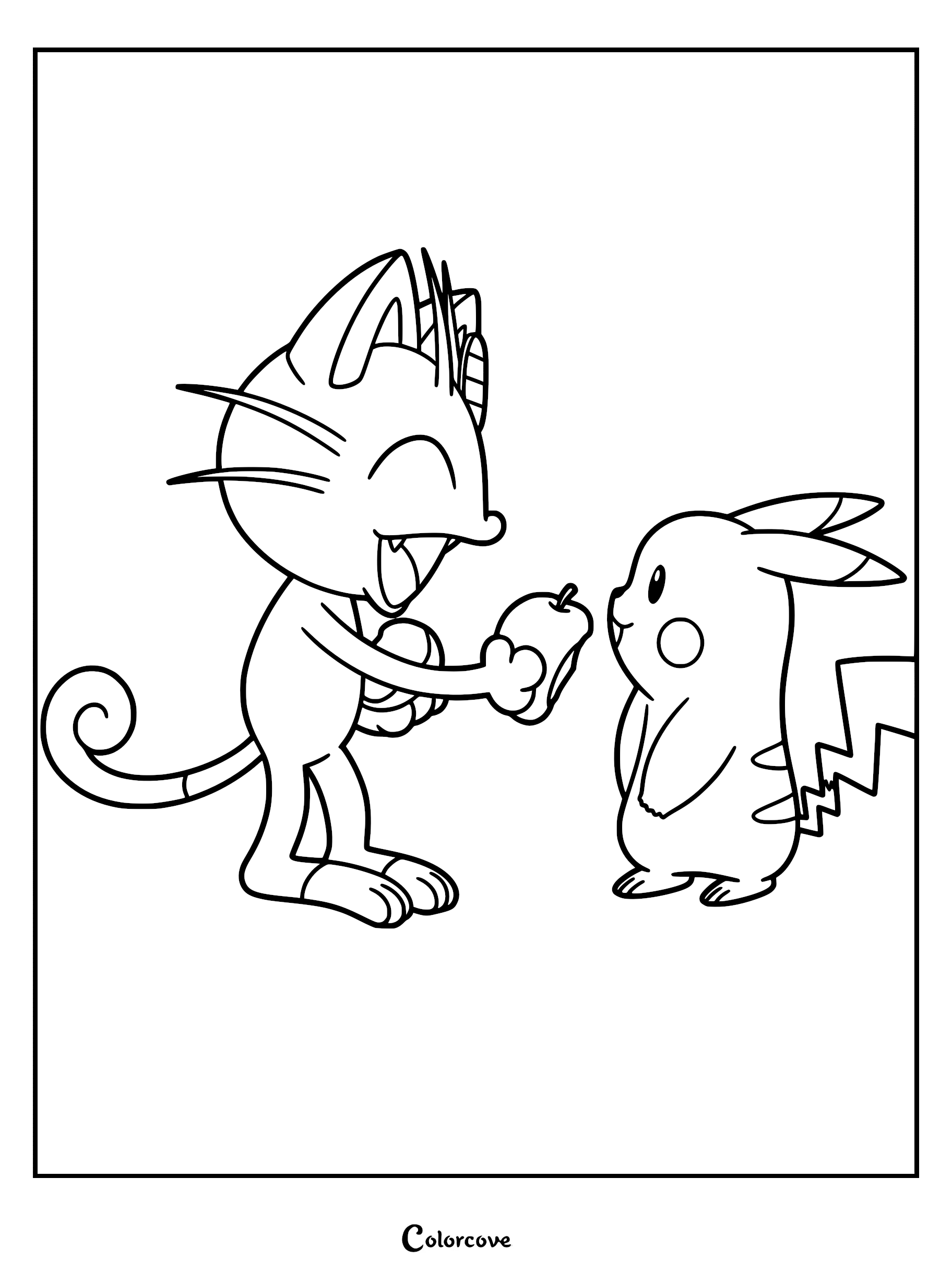 Meowth smiling and offering a piece of fruit to Pikachu in this printable Pokémon Indigo League coloring page.