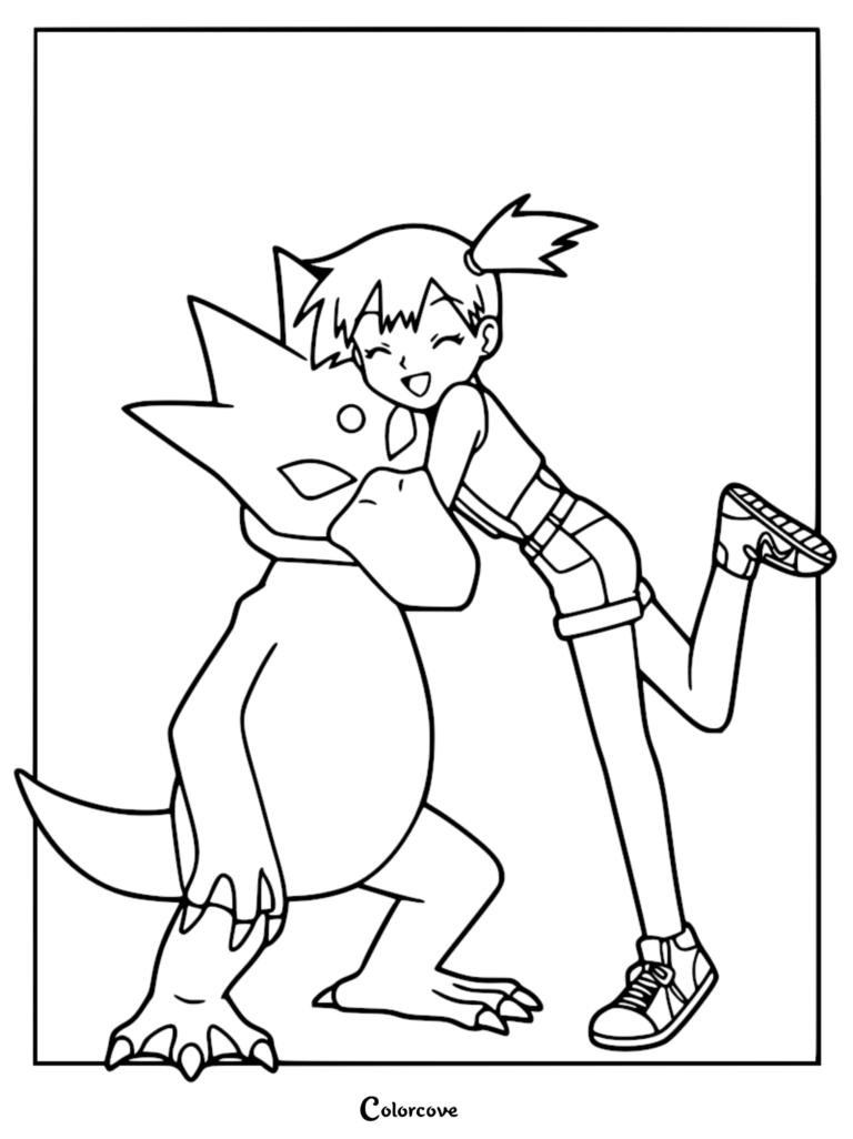 Misty happily hugging her Golduck in this printable Pokémon Indigo League coloring page.