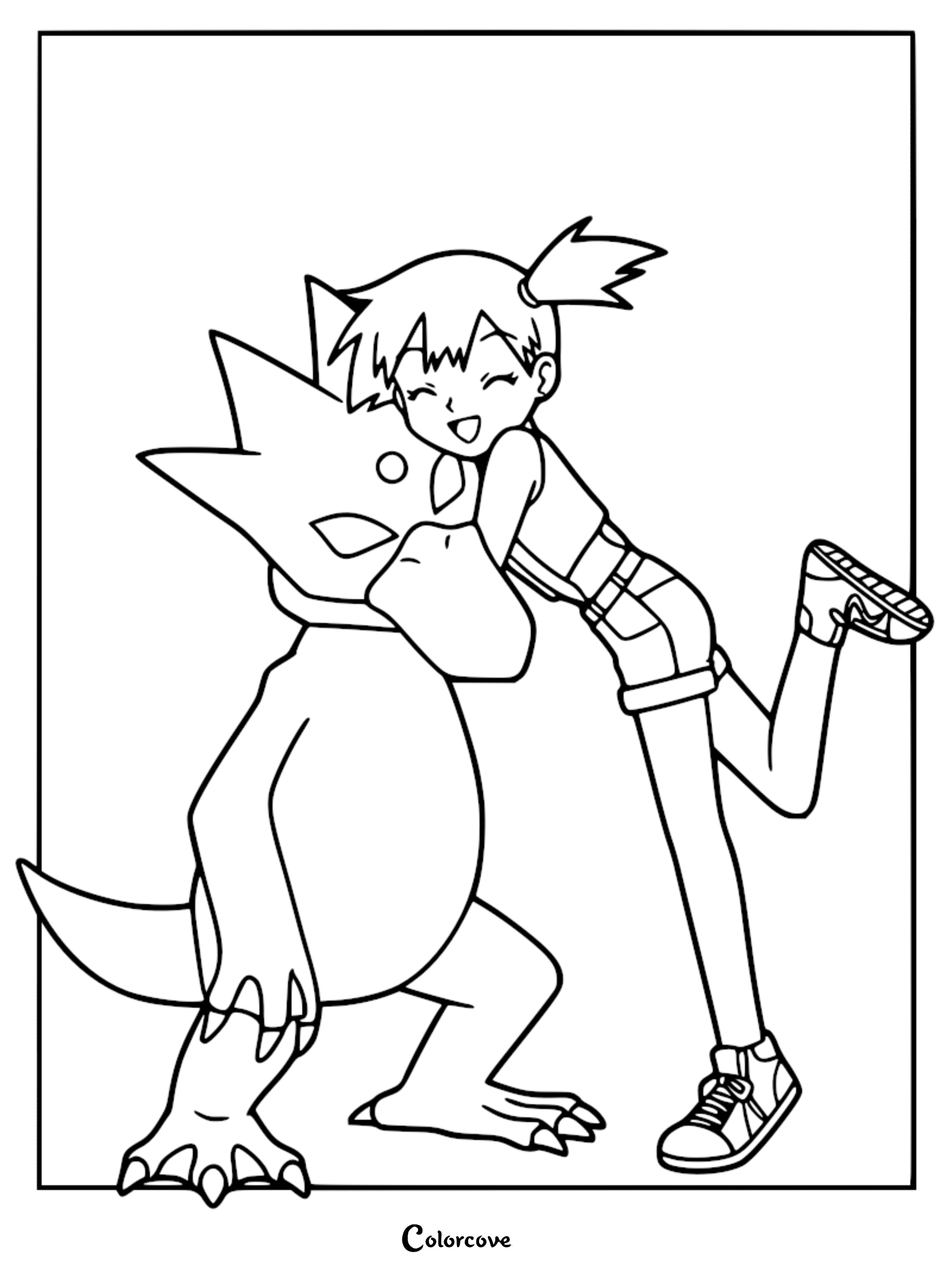 Misty happily hugging her Golduck in this printable Pokémon Indigo League coloring page.