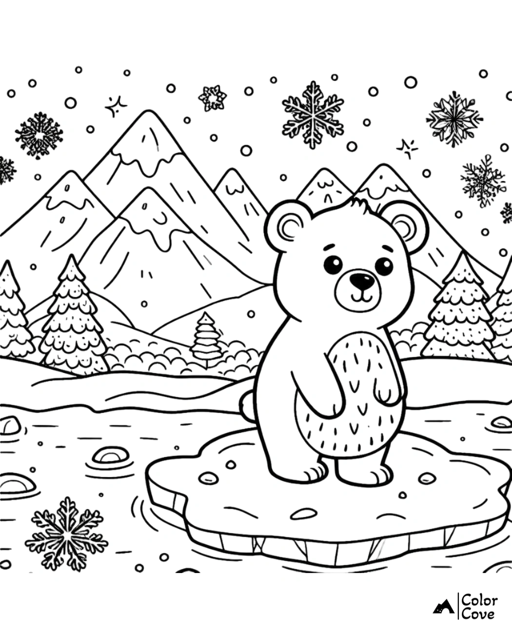 Cute polar bear coloring page for kids featuring snowflakes, mountains, and pine trees in a winter wonderland setting.