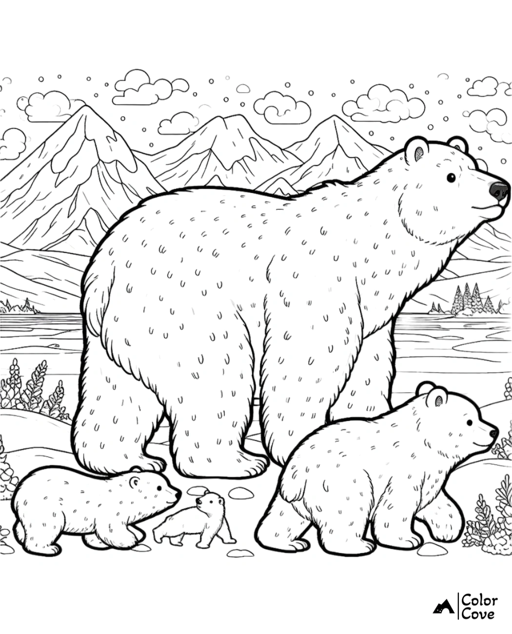 Bear family coloring page with mountains and forest backdrop. Perfect for kids' creative activities and nature lovers.