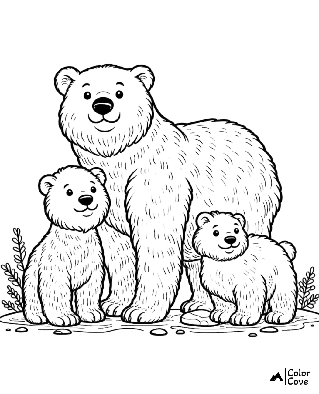 Family of three bears coloring page with detailed line art, perfect for kids and adults. Download and print for free.