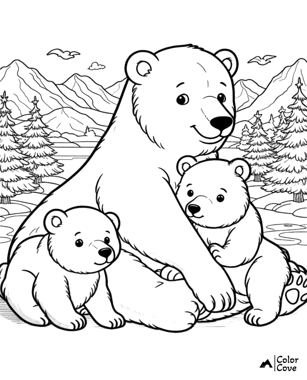 Coloring page of a mother bear with two bear cubs in a scenic mountain and forest background. Family and nature illustration.