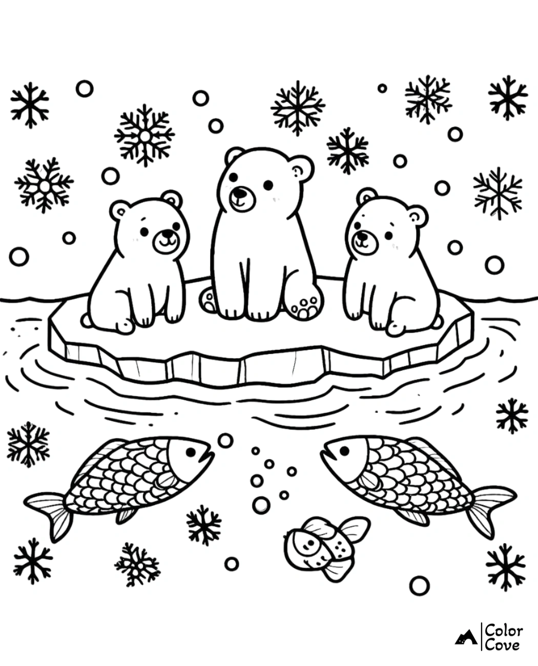 Coloring page: three polar bears on ice floe with snowflakes and fish in water, Arctic wildlife scene.