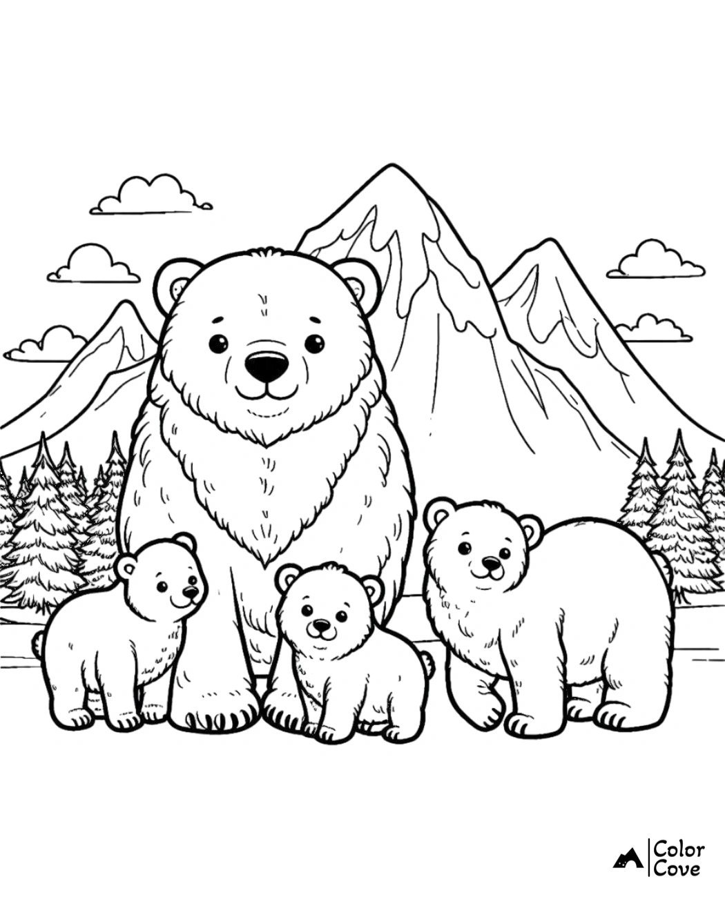 A cute bear family with cubs in a mountain landscape coloring page for kids; ColorCove illustration.