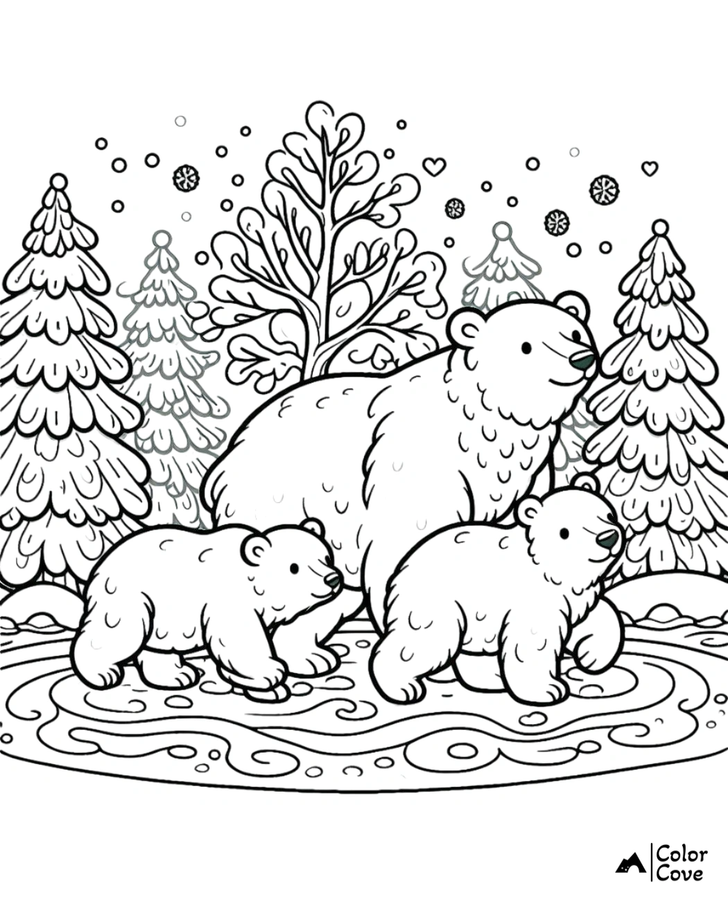 Polar bear family in snow-covered forest, coloring page for kids featuring playful cubs and winter scenery.