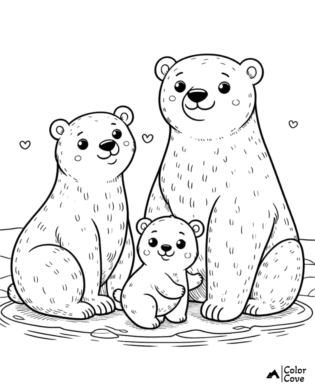 Cute teddy bear family coloring page for kids featuring mom, dad, and baby bear sitting together, hearts in the background.