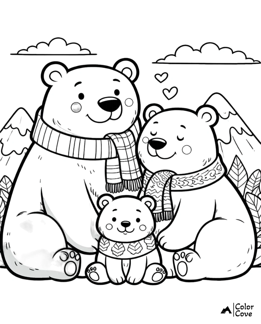 Happy polar bear family coloring page, featuring two adult bears and a cub in sweaters and scarves, with scenic mountains in the background.