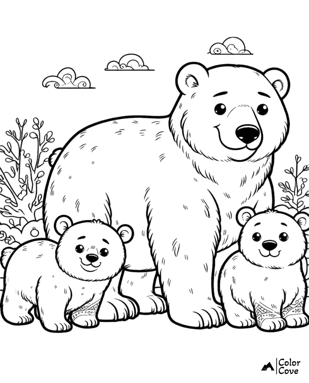 Coloring page featuring a happy bear family with a mother bear and two cubs, surrounded by nature and clouds in the sky.