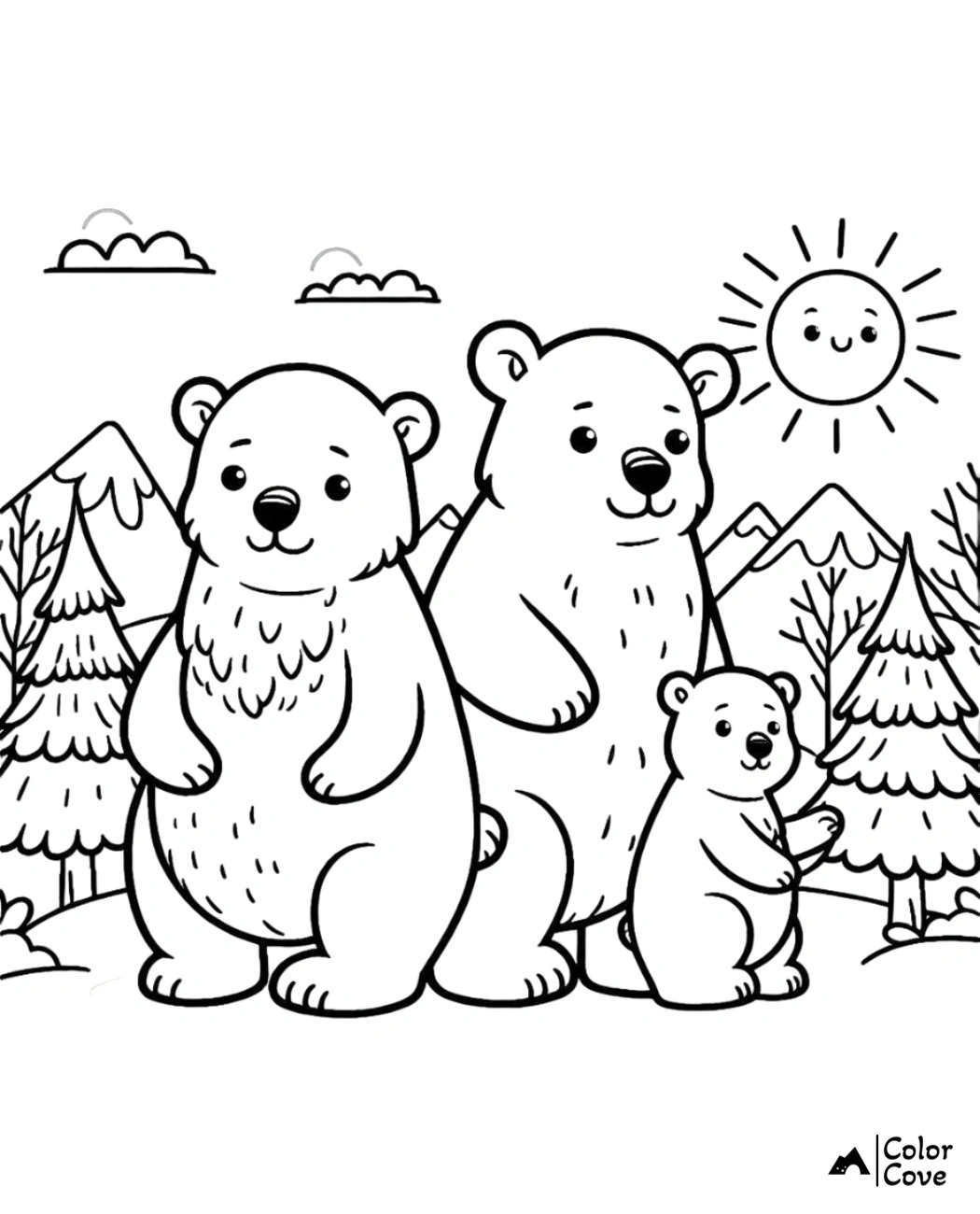 Coloring page with a bear family in a forest with trees, mountains, and a smiling sun in the background.