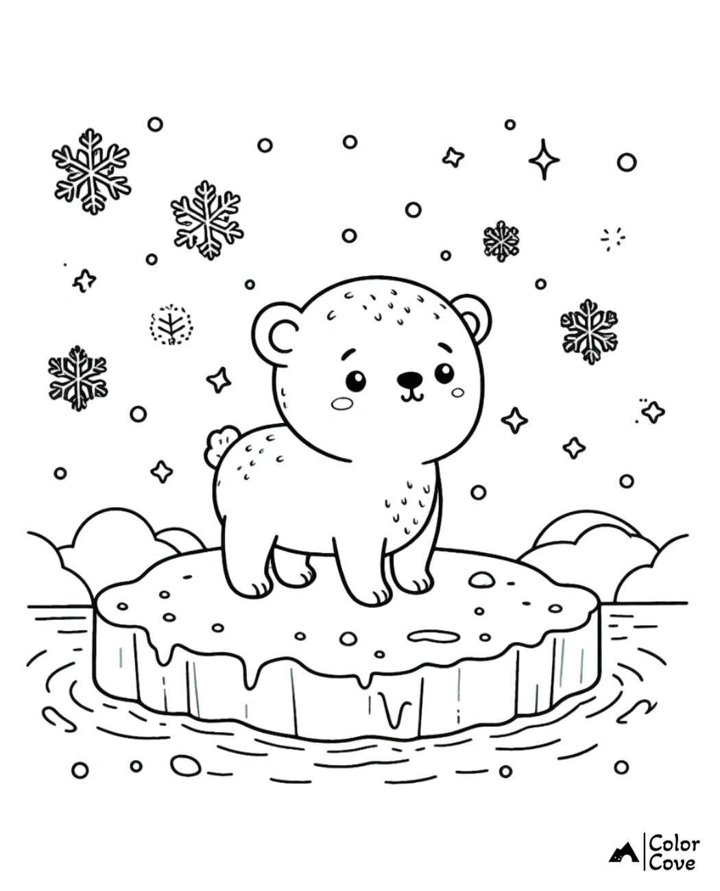 Cute polar bear on ice floe coloring page with snowflakes and stars in the background, perfect for kids' winter activity.