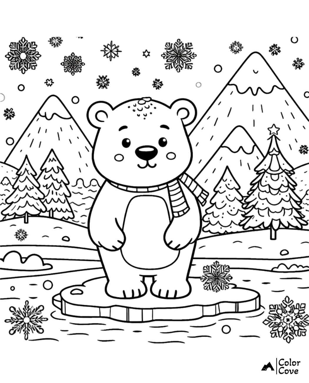 Cute bear coloring page featuring a smiling bear wearing a scarf, standing on ice, surrounded by mountains and snowflakes.