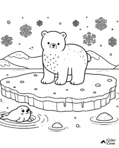 Coloring page featuring a cute bear on an ice floe with a seal in the water, surrounded by snowflakes and mountains.