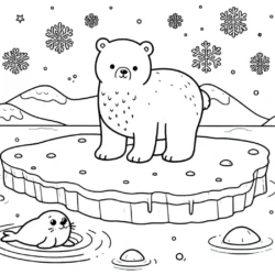 Coloring page featuring a cute bear on an ice floe with a seal in the water, surrounded by snowflakes and mountains.