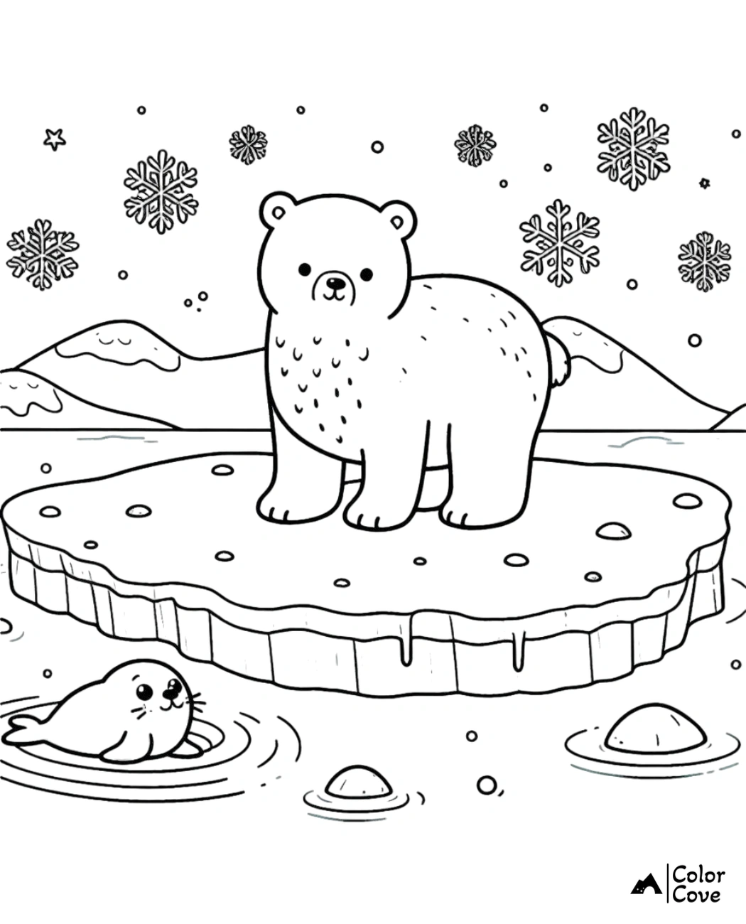 Coloring page featuring a cute bear on an ice floe with a seal in the water, surrounded by snowflakes and mountains.