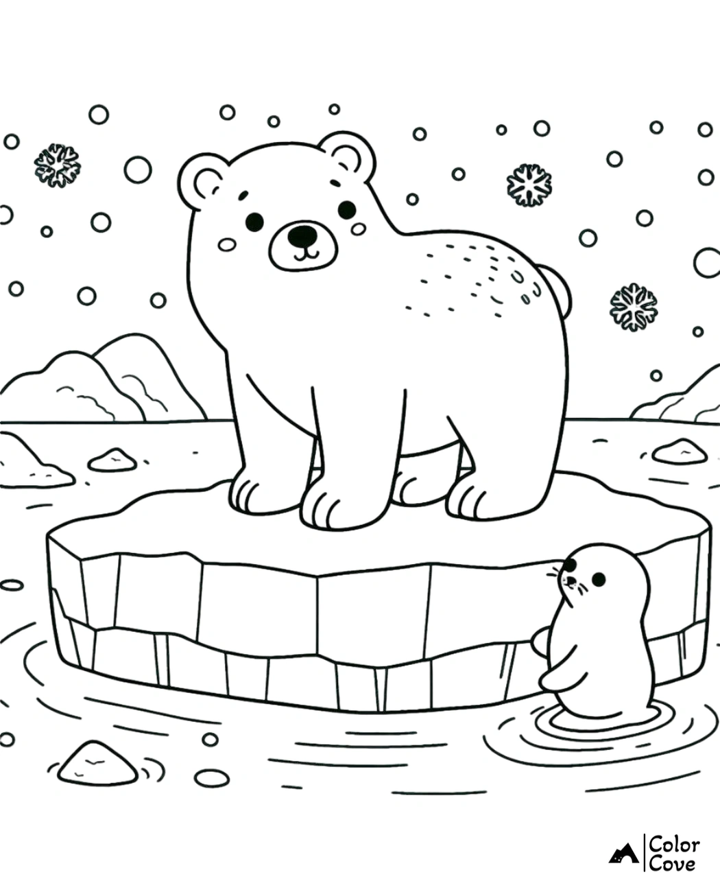 Coloring page of cute bear and seal on ice in winter scene with snowflakes. Perfect for kids' creative activities.