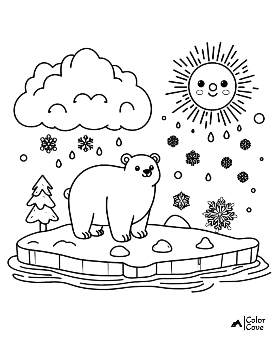 Coloring page featuring a cute polar bear on an iceberg with snowflakes, a smiling sun, and clouds in the background.