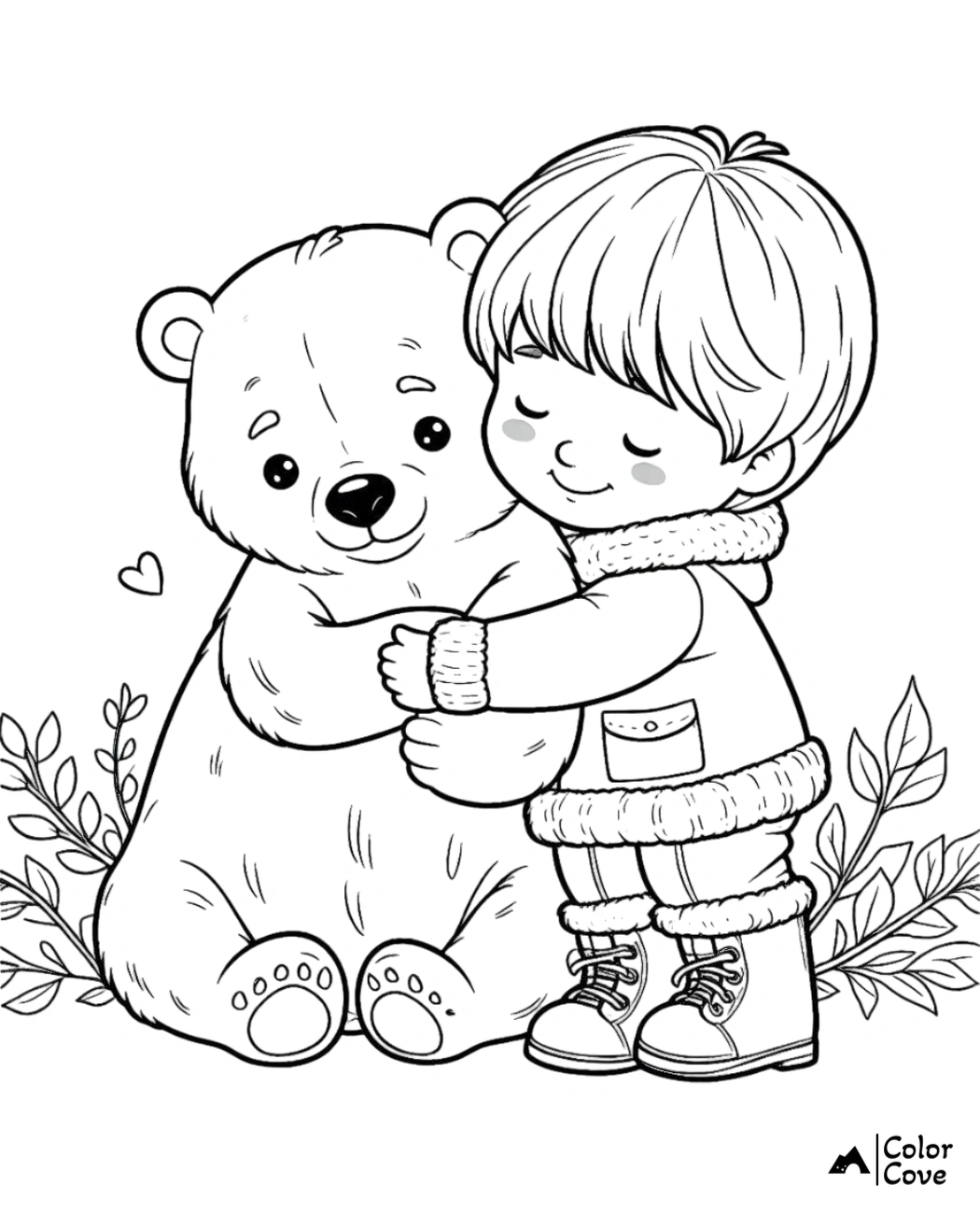 Child hugging a teddy bear coloring page. Perfect for kids to color and enjoy. Free printable. Cute friendship drawing.