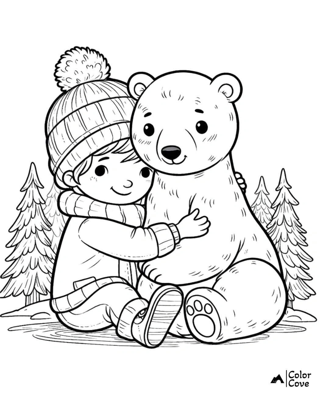 Child hugging a bear in a winter scene, coloring page with snowy trees. Cozy winter outfit with hat and scarf.