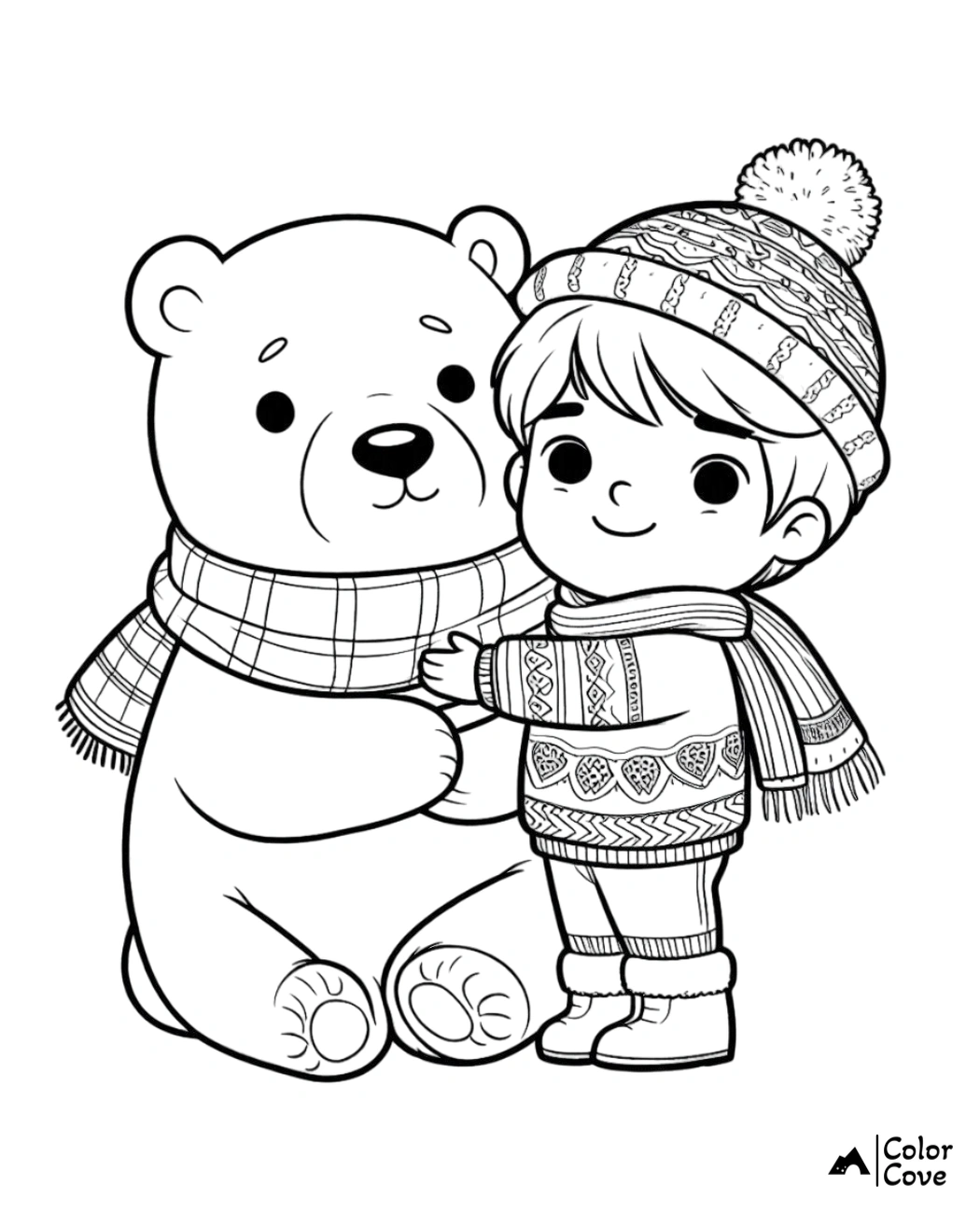 Cute winter-themed coloring page with a little boy and a big bear wearing scarves and sweaters. Fun activity for kids.