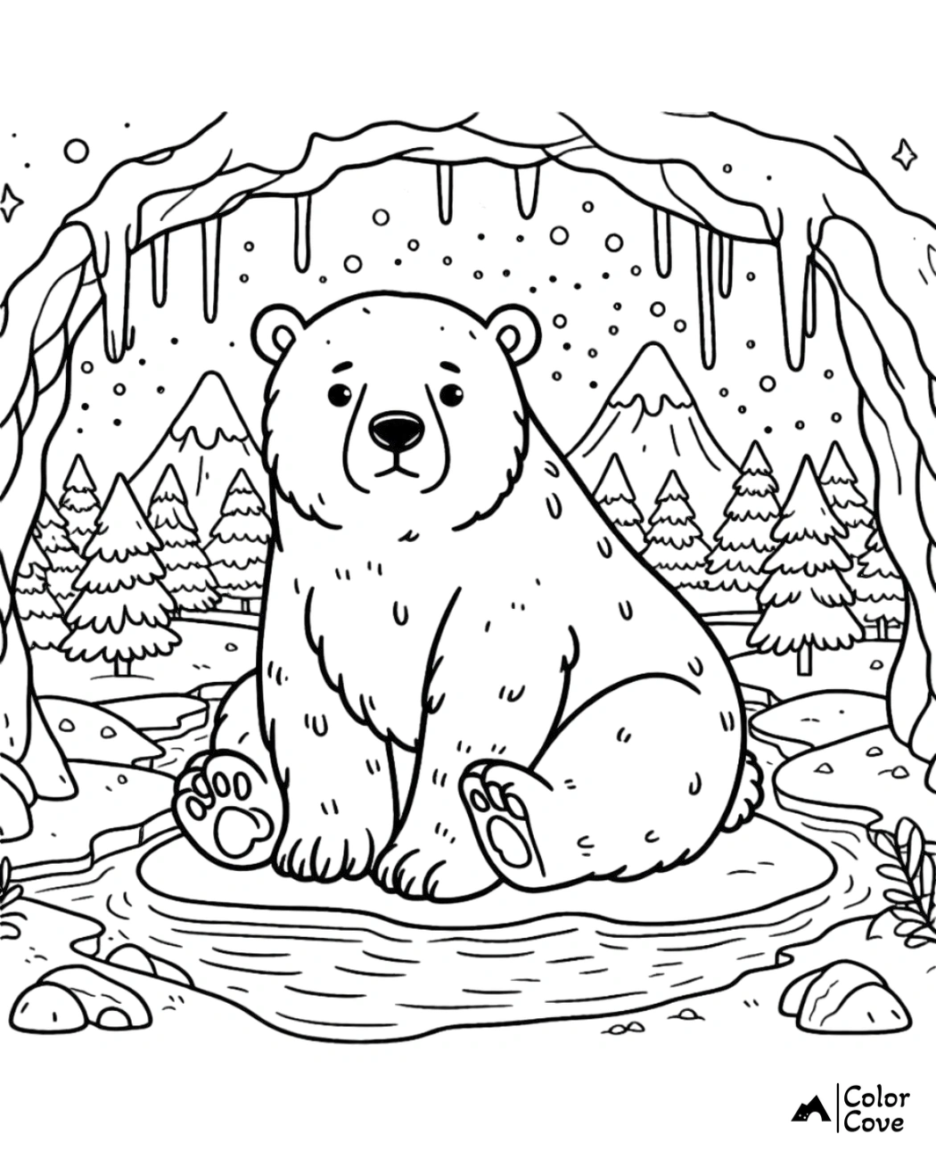 Bear coloring page with snowy mountain background, icicles, and evergreen trees - perfect for kids and adults to color.