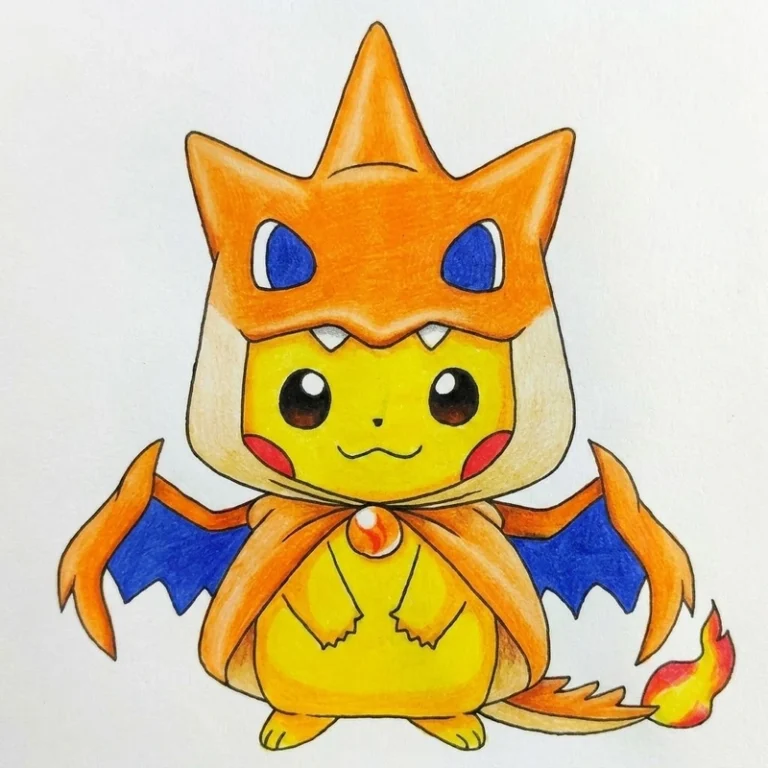 A hand-colored Pikachu wearing a Mega Charizard Y poncho coloring page.