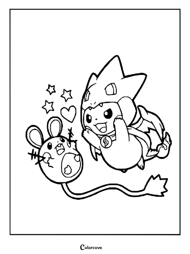 Mega Charizard Y Poncho Pikachu interacting with Dedenne in this printable coloring page.