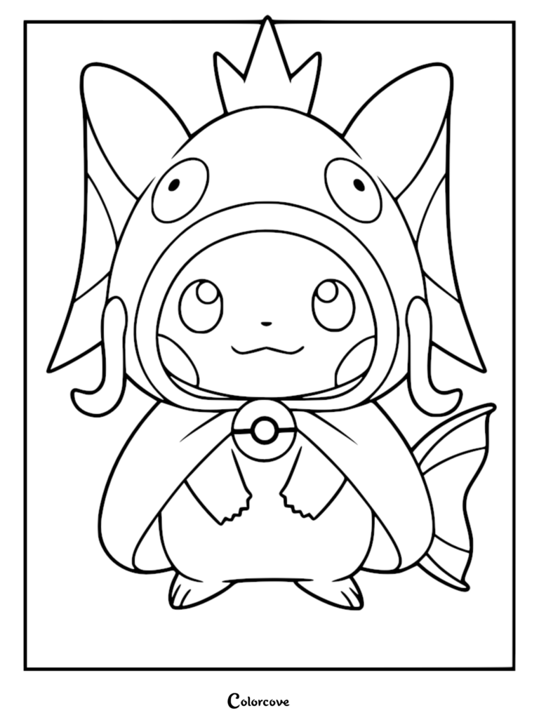 A printable coloring page featuring Pikachu wearing a Magikarp poncho with a Poké Ball clasp.