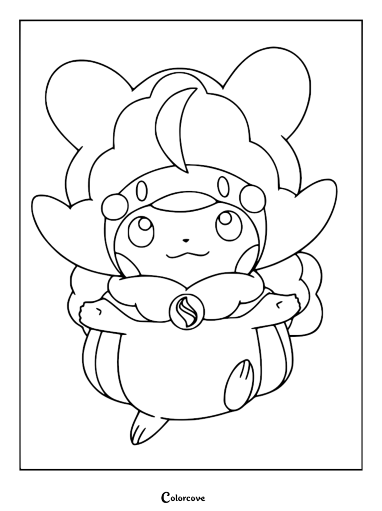 A printable coloring page featuring Pikachu wearing a fluffy Mega Altaria poncho with a Mega Evolution symbol on the chest.