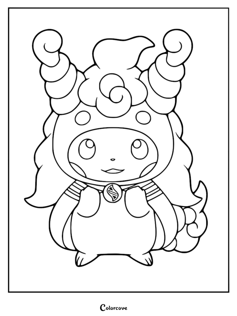 Pikachu wearing a Mega Ampharos poncho with large curly horns, available as a printable coloring page.