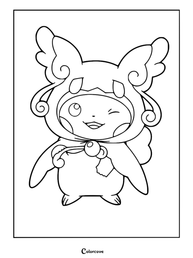 A printable coloring page featuring Pikachu wearing a Mega Audino poncho, winking with one eye and smiling.
