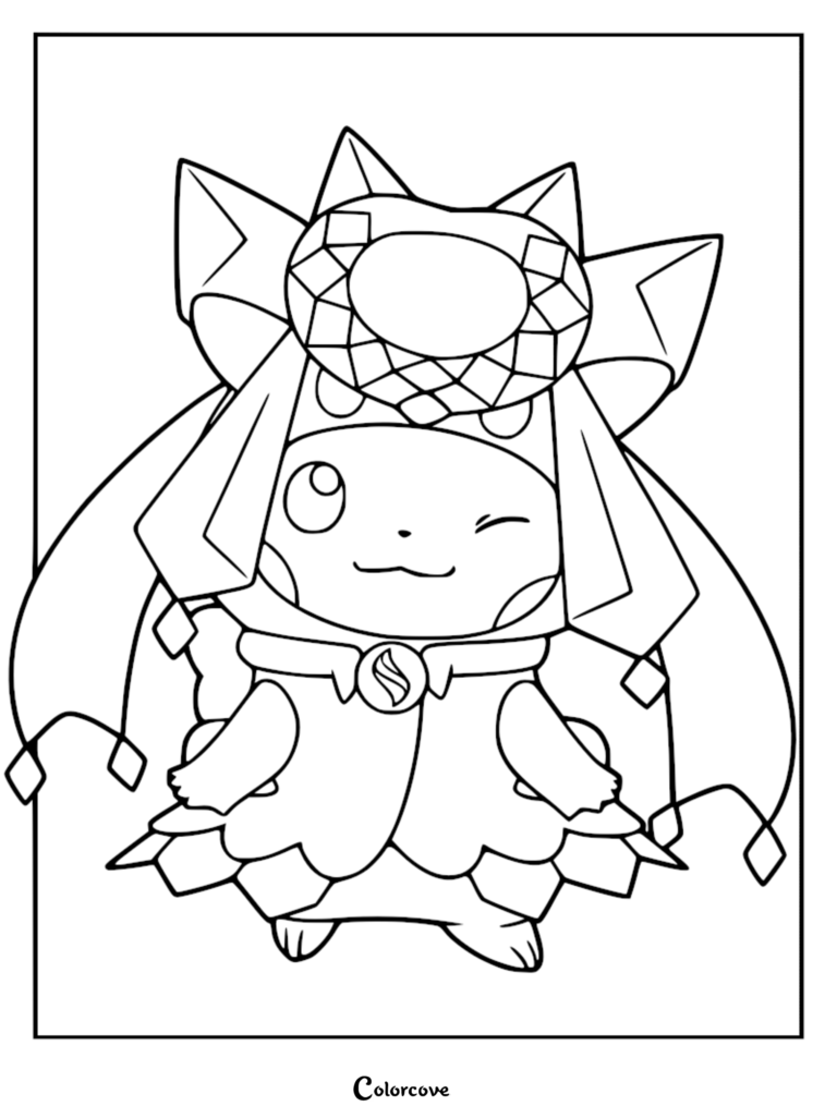 A printable coloring page featuring Pikachu wearing a detailed Mega Diancie poncho with a large gem headpiece and Mega Evolution symbol.