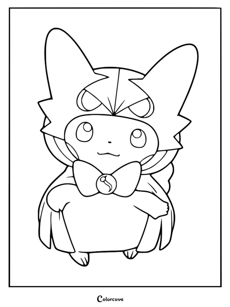 Pikachu wearing a Mega Gardevoir poncho with a bow tie, presented as a clean line art coloring page.