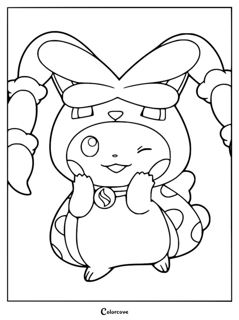 A printable coloring page featuring Pikachu wearing a Mega Lopunny poncho with long ears and a Mega Evolution symbol pendant.