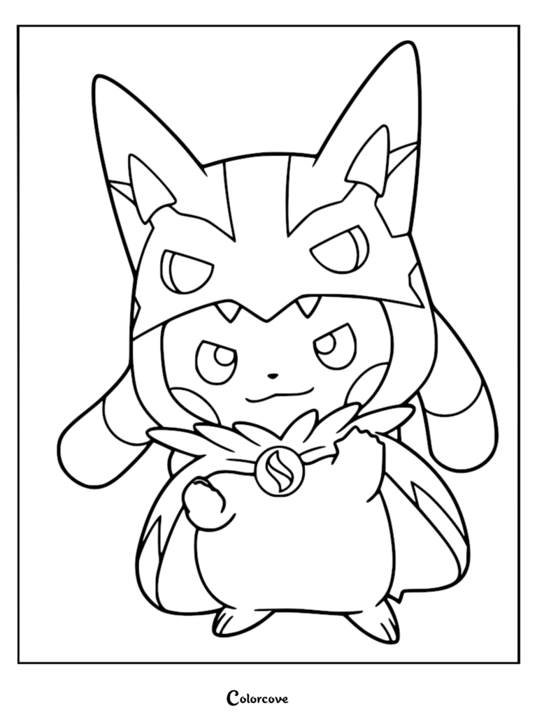 Pikachu wearing a Mega Lucario poncho hood and cape in a printable coloring page format.